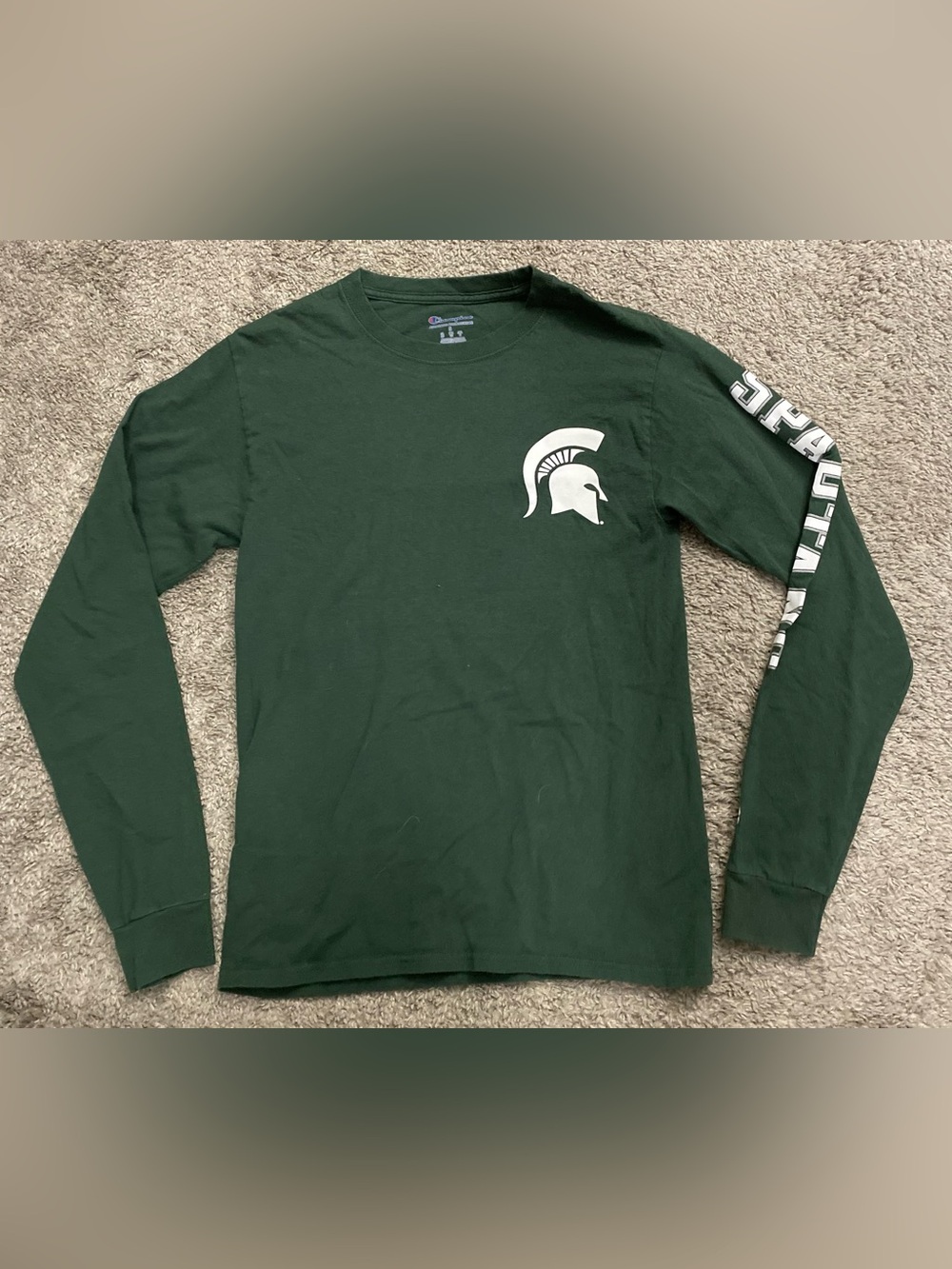 Champion Men's Long Sleeve Shirt in Dark Green with White Spartan Accent